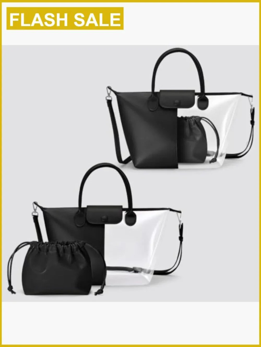 2-in-1 Clear and Leather Tote Bag Waterproof Handbag with Pouch